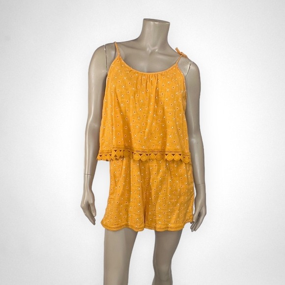 aerie Pants - AERIE M Marigold Shoulder‎ Tie Layered Romper Summer Vacation